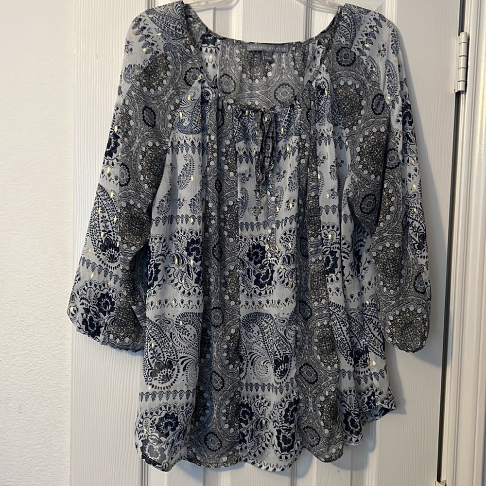 Valerie Stevens XL blue, white, gold blouse